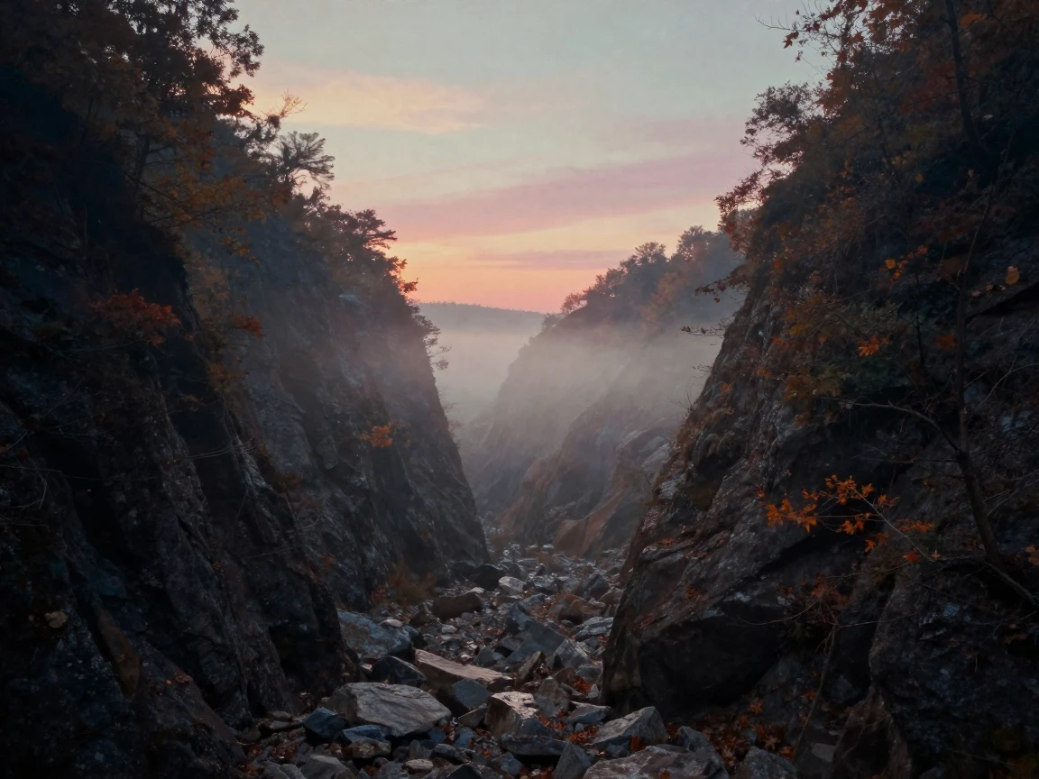 Mist rolling through a deep mountain gorge at dawn, in soft window light, as heat shimmers over the ground, in late autumn, in soft muted pastels, from behind, looking toward the horizon.