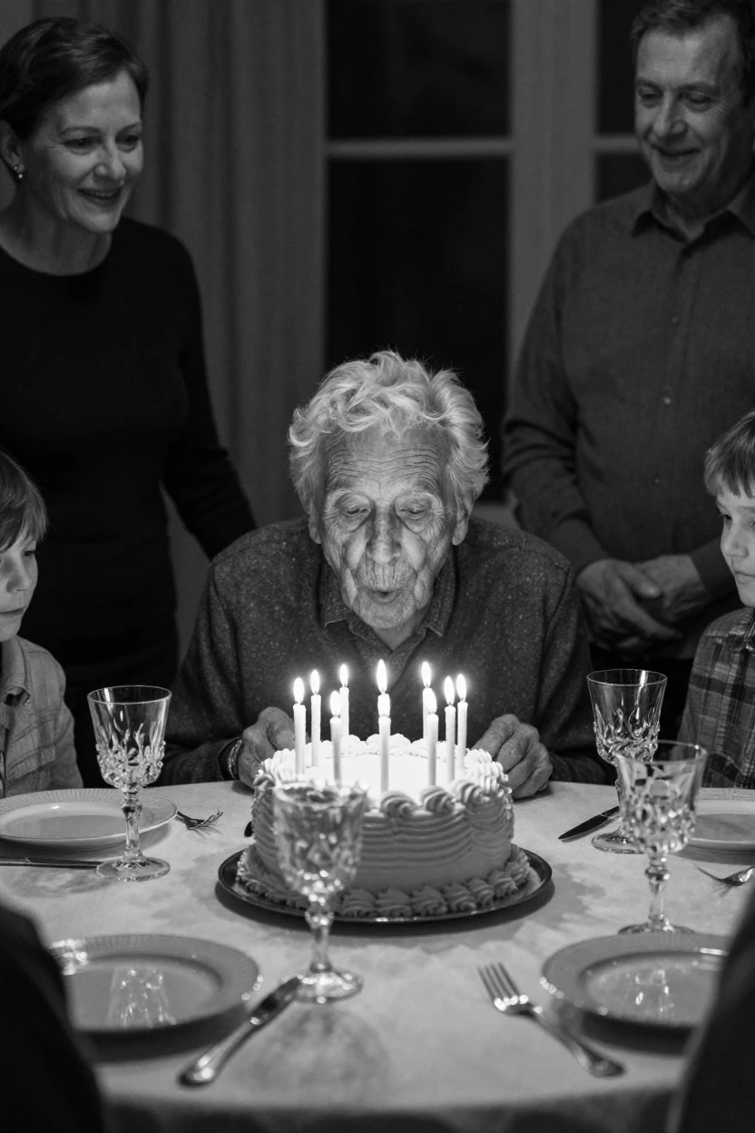 A frail centenarian blows out candles on a towering cake at a warmly lit family dinner table.