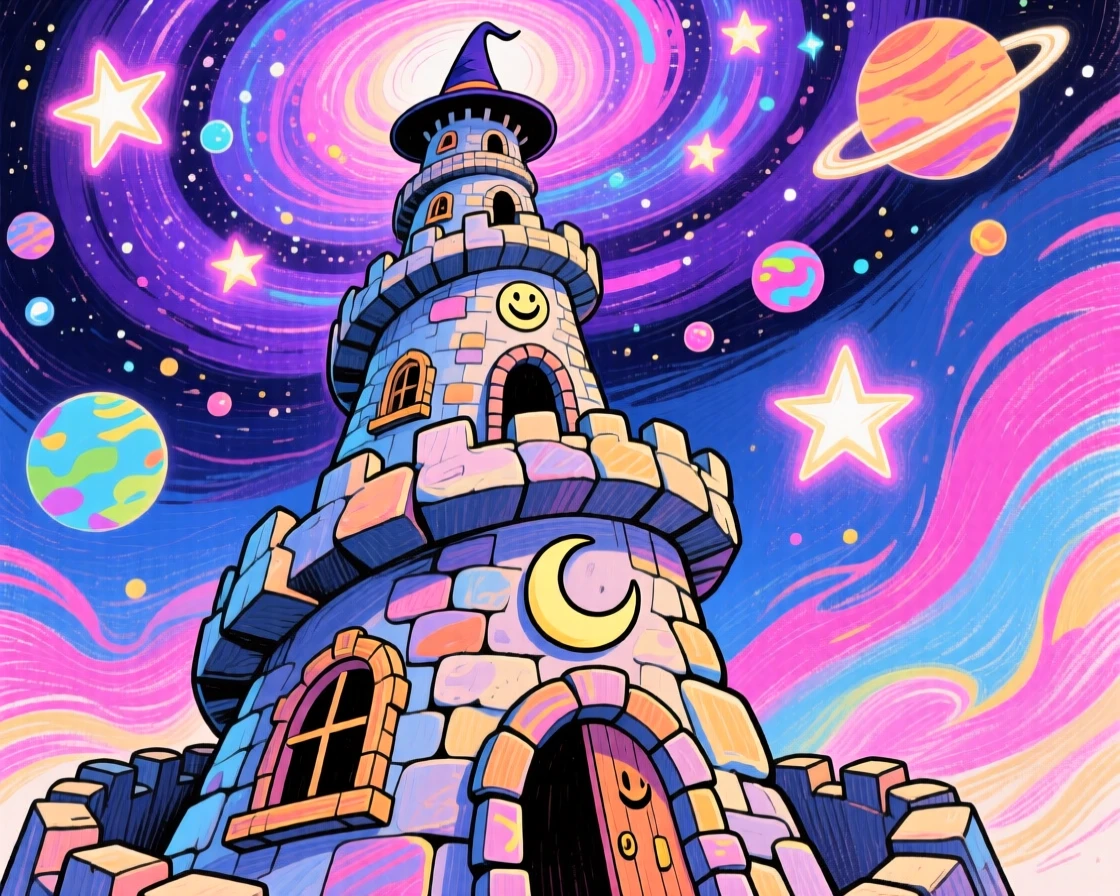 A wizard's tower spiraling impossibly high into a swirling galaxy sky.