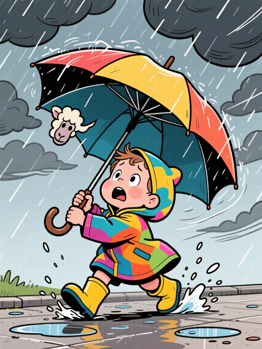 A funny expressive moment showing a toddler fumbling an umbrella inside out during a storm, with a sheepish grin afterward.
