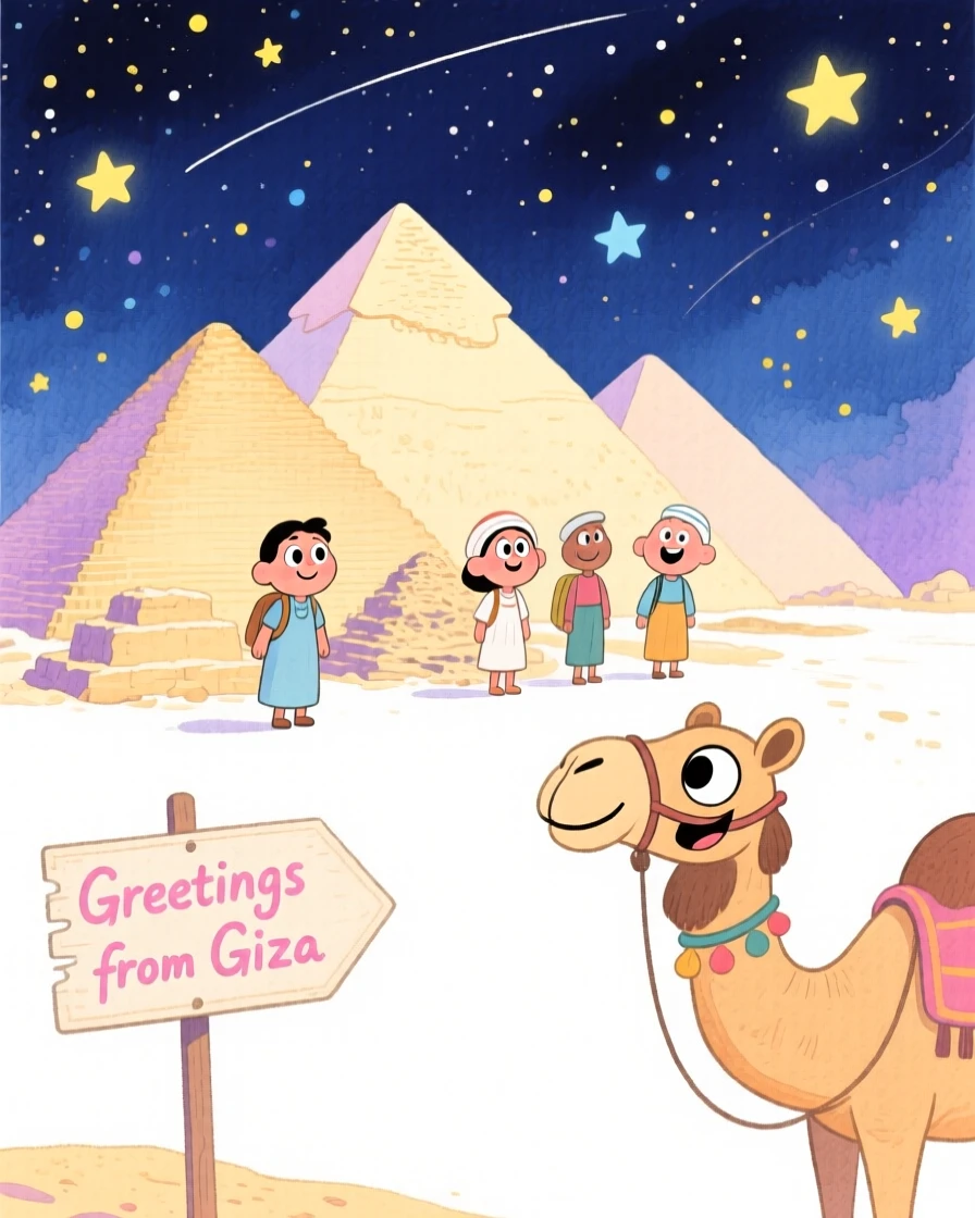 A dreamy travel postcard scene of the pyramids of Giza under a starry night sky