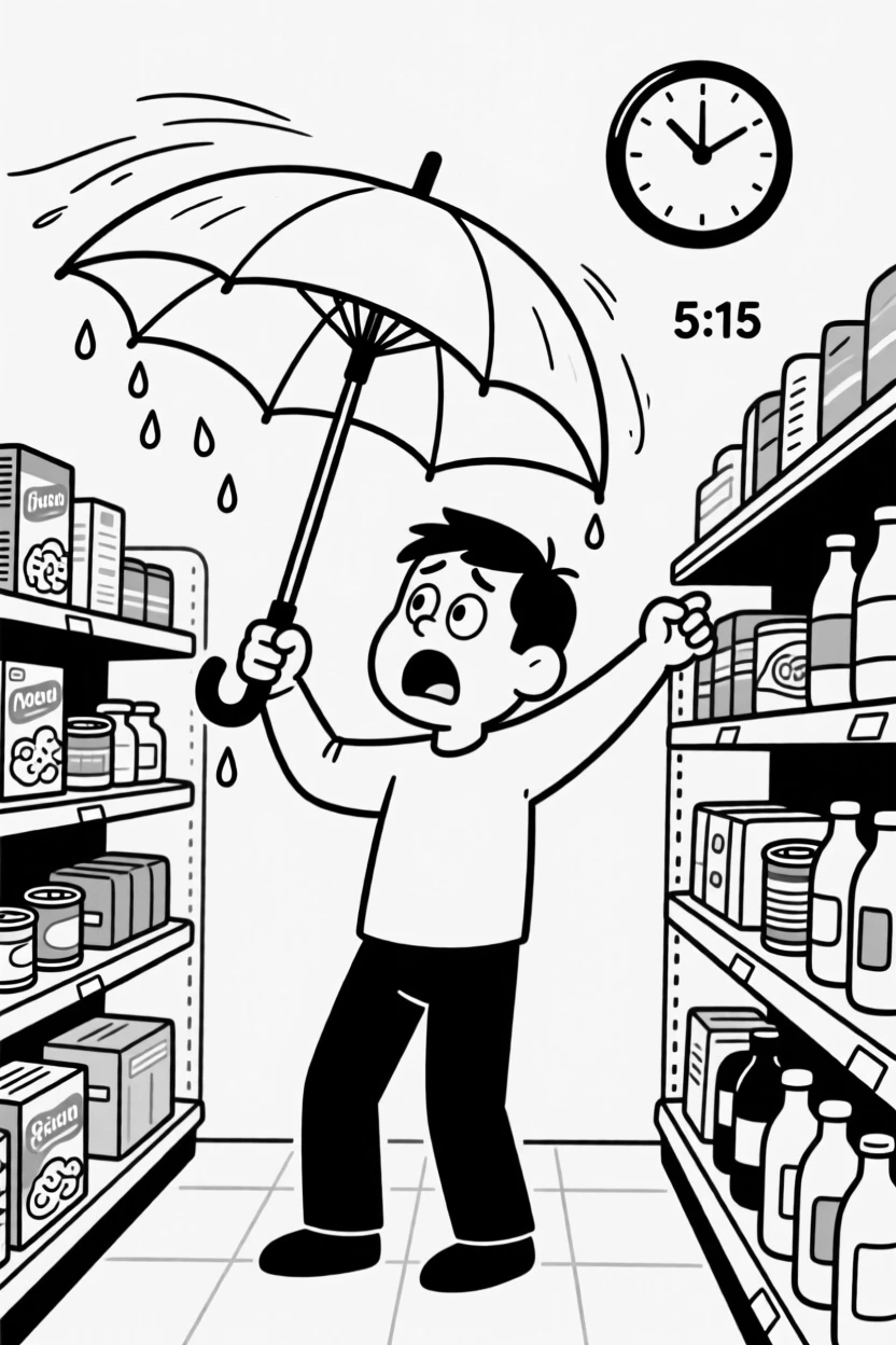 A person wrestling an umbrella that's turned inside out, checking the clock with wide, panicked eyes, set in a supermarket aisle. Raindrops drip steadily from a bent umbrella rib. It feels like a meme come to life, equal parts cringe and charm.