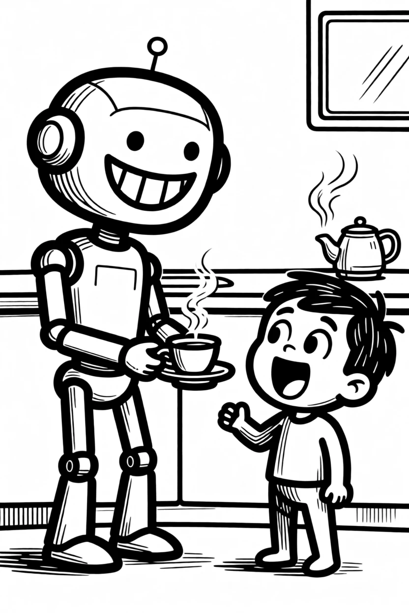 A friendly robot serving tea to a delighted child in a cozy futuristic kitchen.
