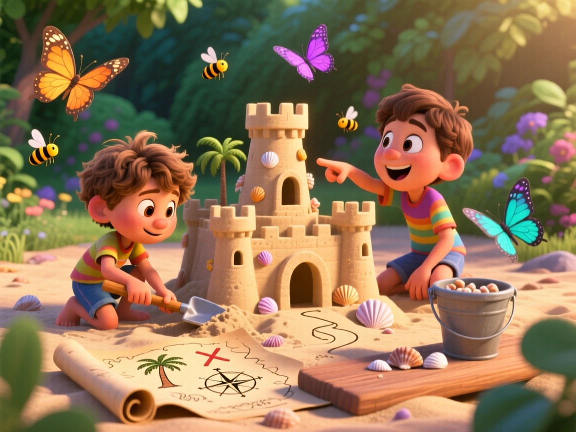 Siblings building an elaborate sandcastle takes place in a garden full of buzzing bees and butterflies, with a handmade treasure map spread out nearby. The mood is playful, curious, and full of imagination.