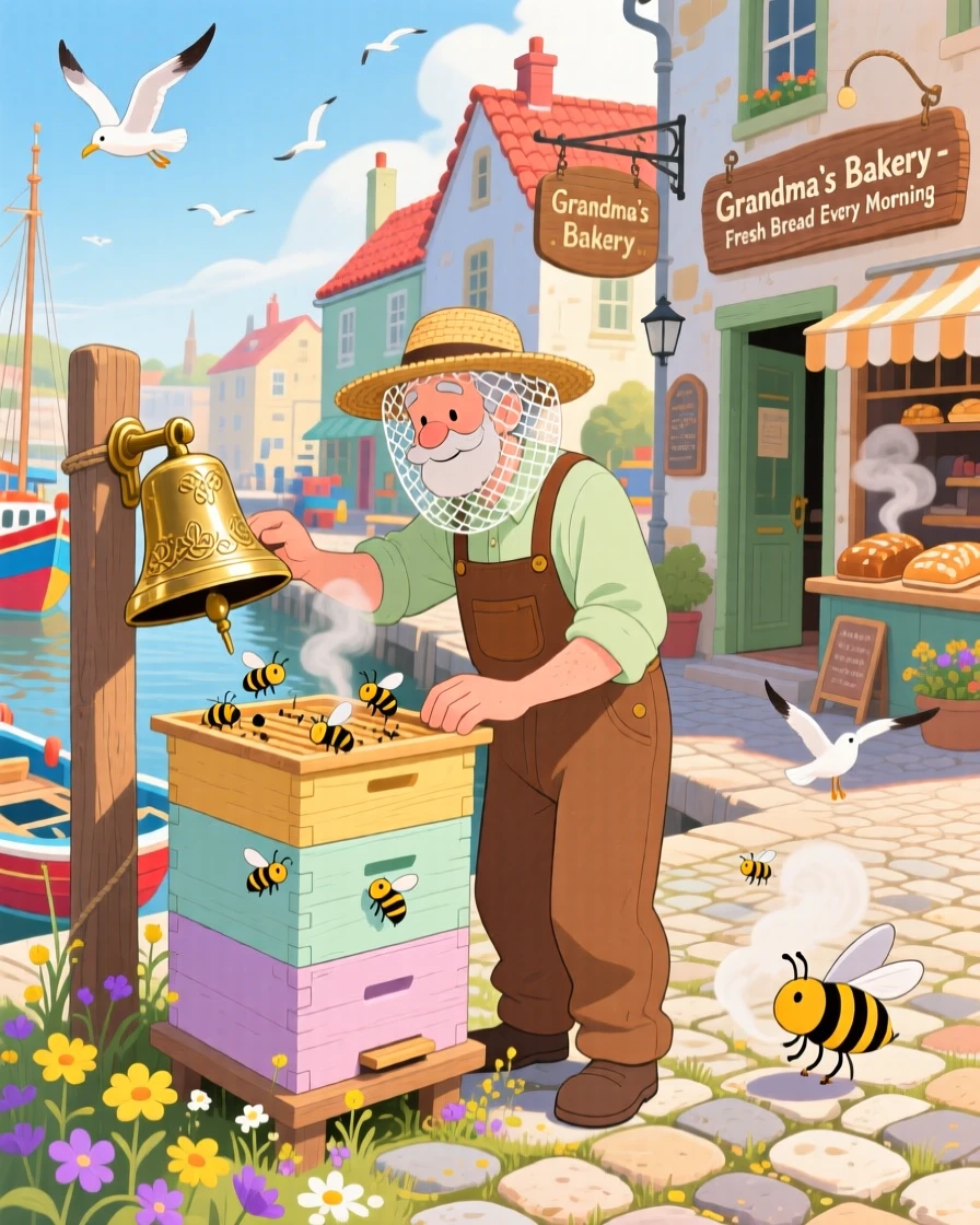 In a bustling harbor town, a beekeeper checking a hive is busy polishing an old brass bell, with the smell of fresh bread drifting through the air.