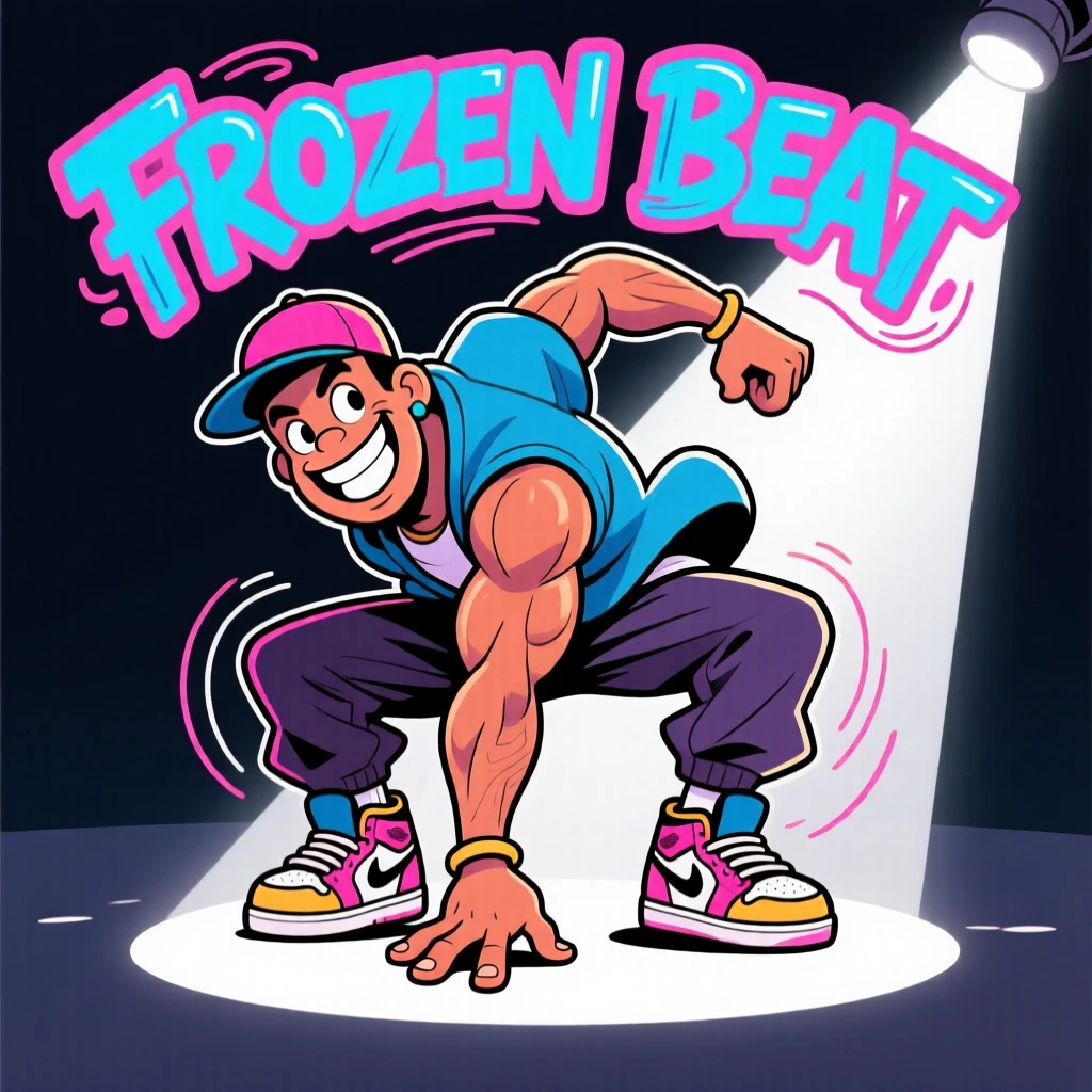A hip hop dancer freezing mid-move under a spotlight.