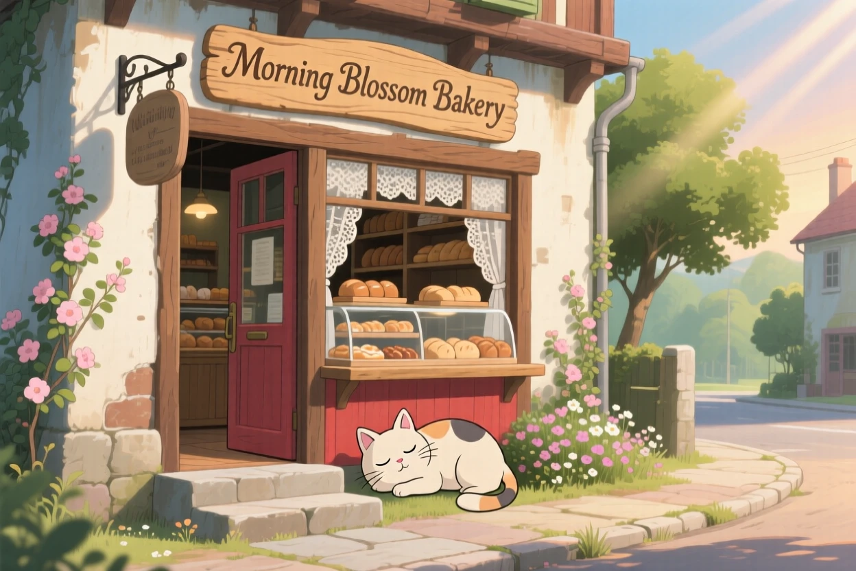 A bakery on a quiet corner with its door propped open, with a cat dozing on a warm doorstep, in the soft morning light.