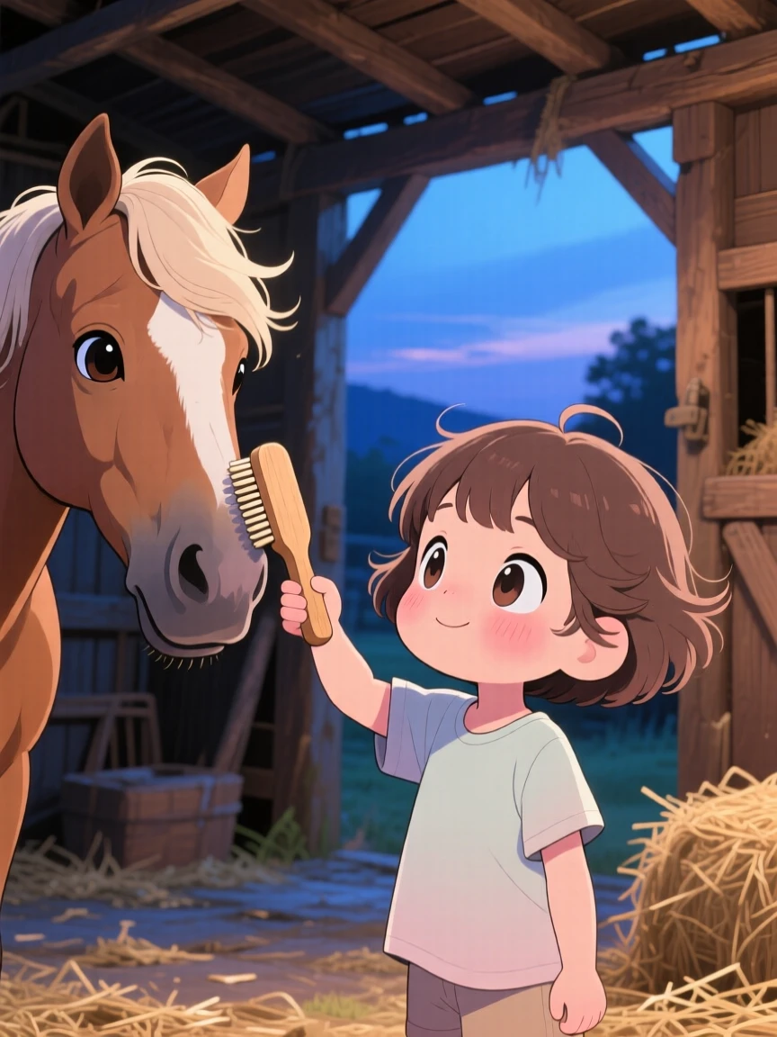 Waist-up portrait of a child and a horse, brushing its mane gently, in a rustic countryside stable, during a light summer breeze, illuminated by cool blue twilight glow, radiating wide-eyed wonder.