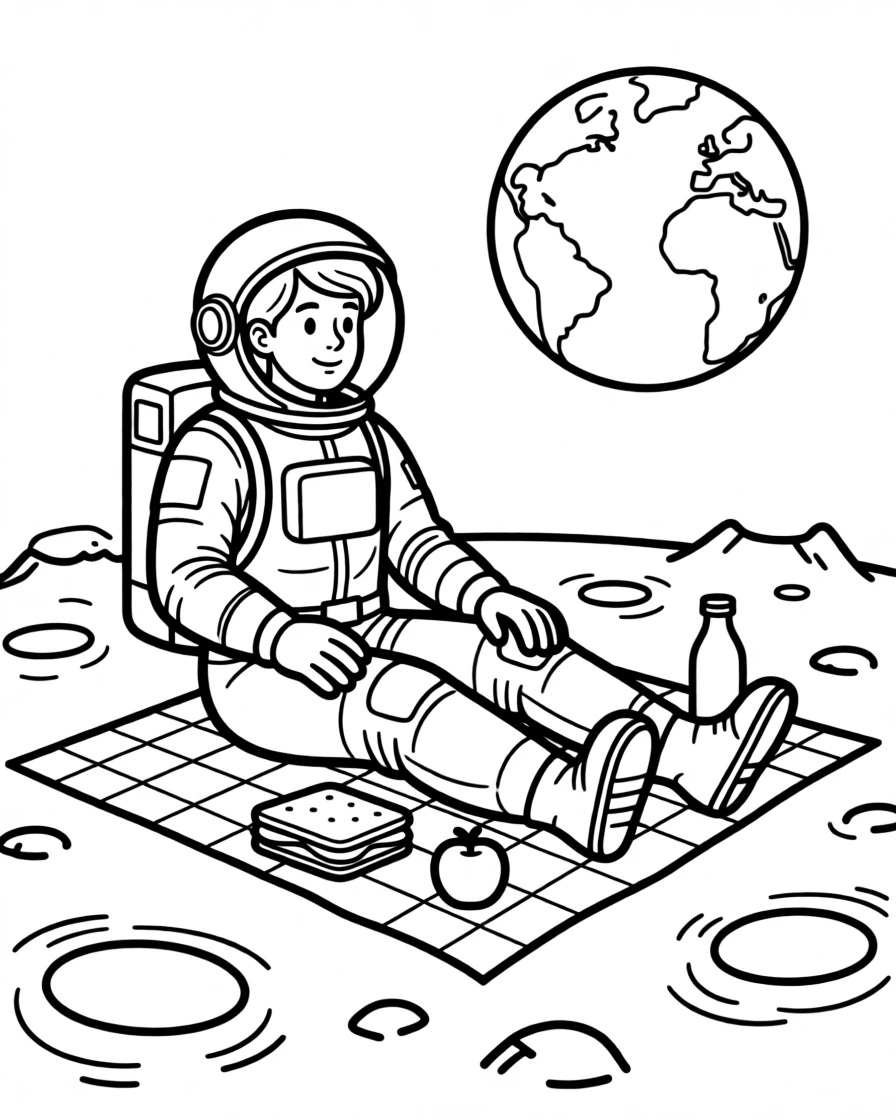 An astronaut having a picnic on the surface of the moon