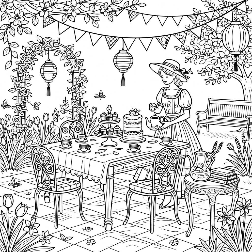 A springtime garden party scene with pastel decorations and blooming flowers.