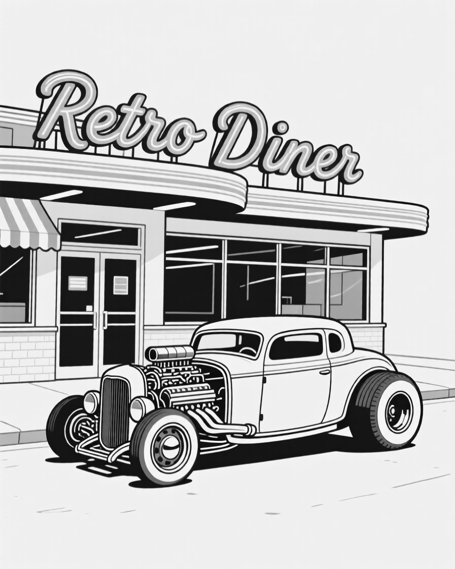 A hot rod car parked at a classic diner