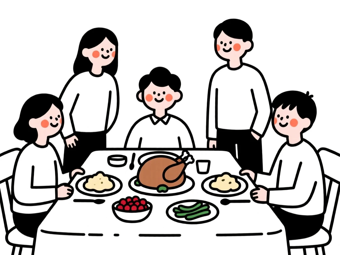 A group of friends gathering for Thanksgiving dinner.