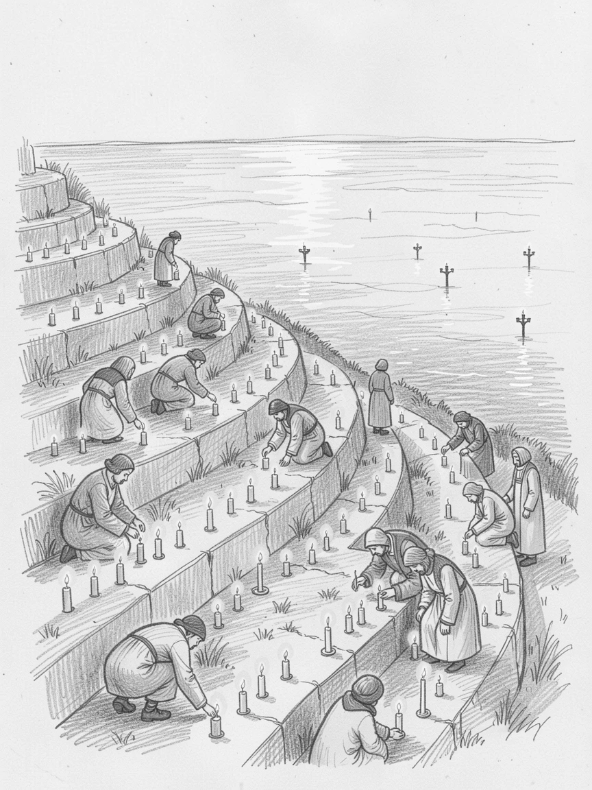 A rich travel moment capturing pilgrims lighting rows of small candles on terraced hillsides overlooking the sea, with reflections shimmering on calm water.