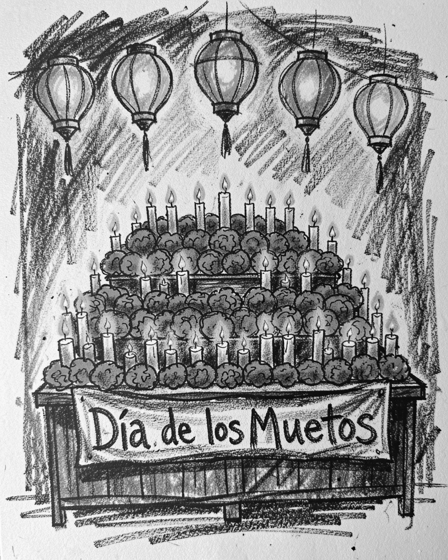 A Day of the Dead altar decorated with marigolds and candles, under a canopy of colorful lanterns.