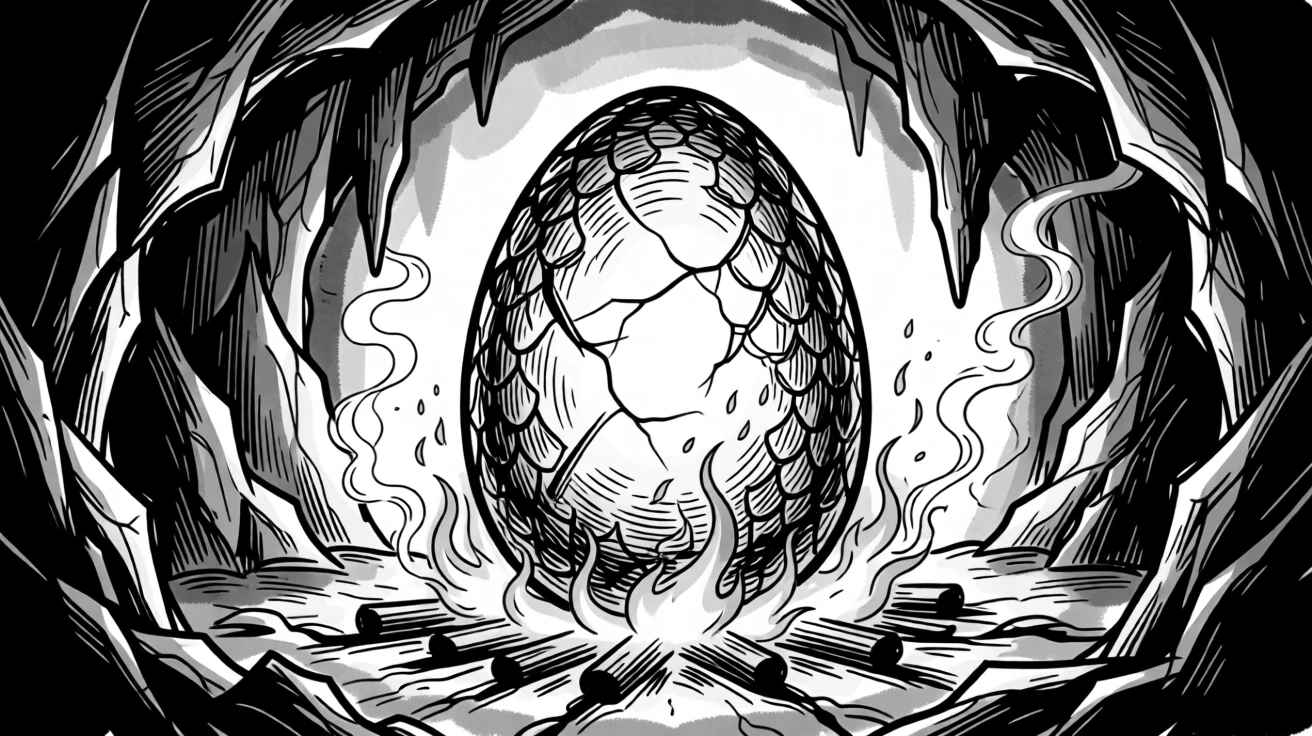 A dragon egg resting on a bed of glowing embers in a hidden cave.