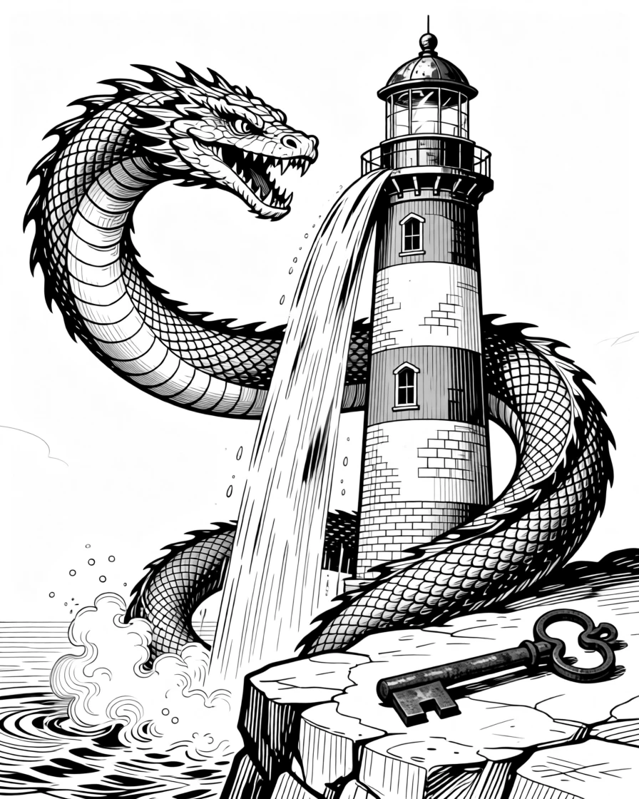 A sea serpent coiling around a lighthouse beside a waterfall that flows upward, with an old iron key resting on a stone ledge, forming a quietly wondrous fantasy scene.