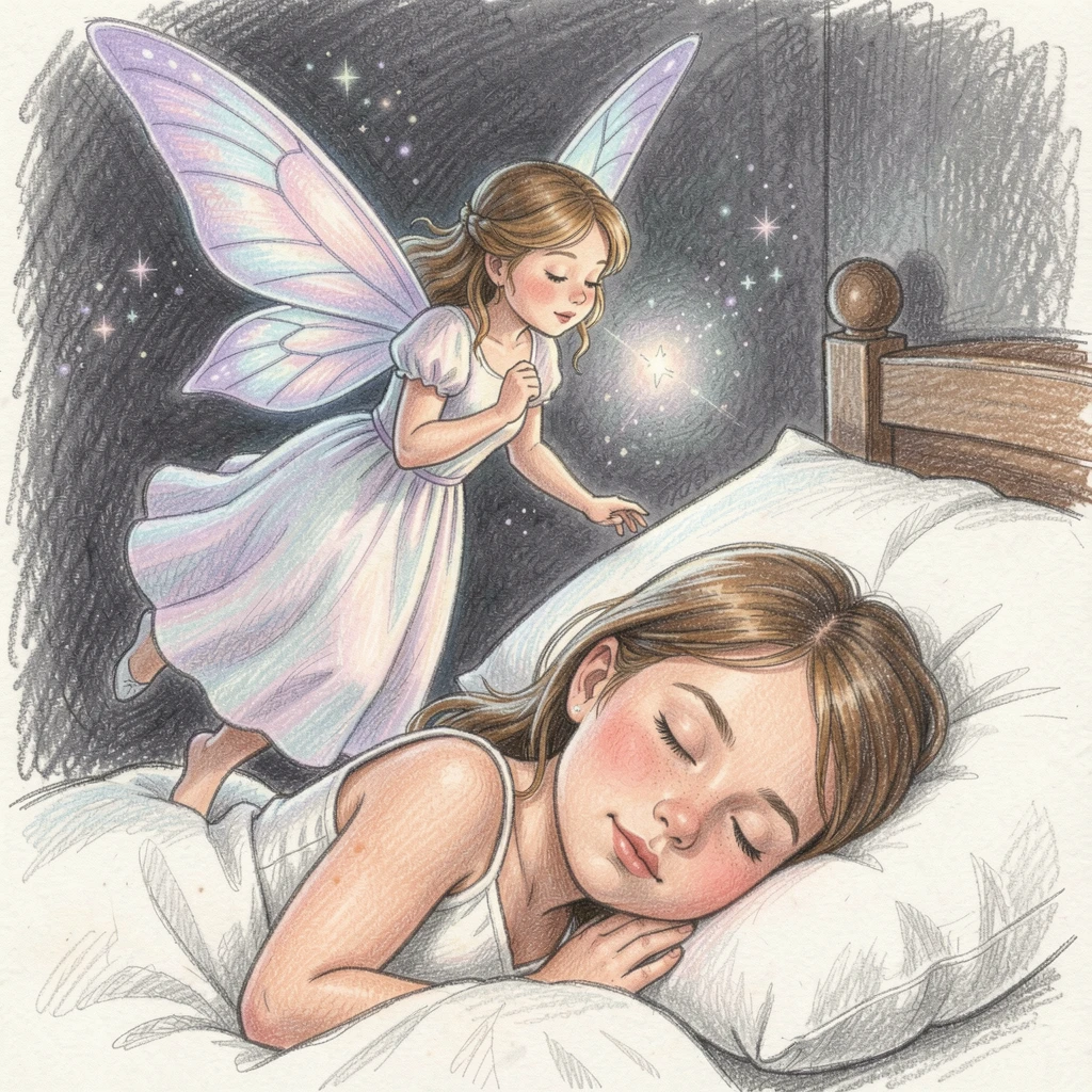 A tooth fairy fluttering above a sleeping child's pillow, with delicate details that reward a closer look, perfect for anyone drawn to gentle, heartfelt imagery.