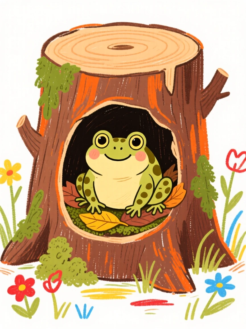 A small toad living inside a cozy hollow tree stump.