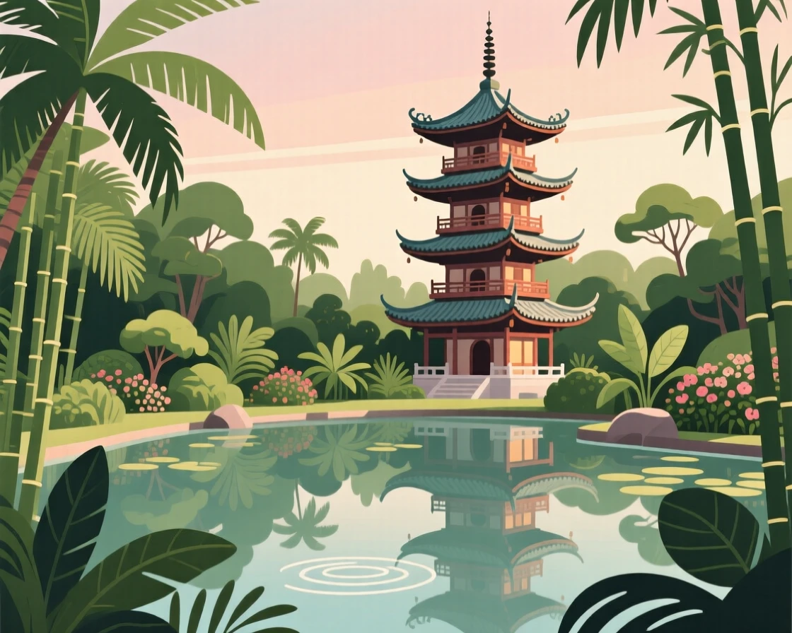 A traditional pagoda reflected in a still garden pond, surrounded by lush tropical greenery, arranged with layered depth from near to far, with a nostalgic, postcard-like charm.
