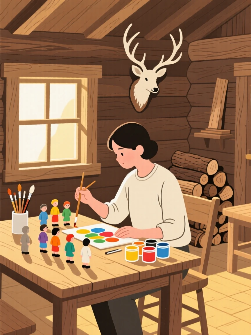 A person painting miniature figures in a rustic cabin.