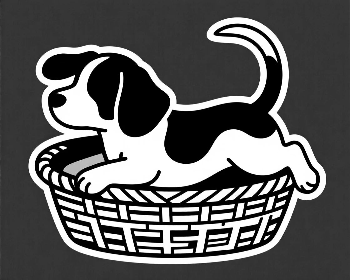 A beagle puppy chasing its tail peeking out of a wicker basket.