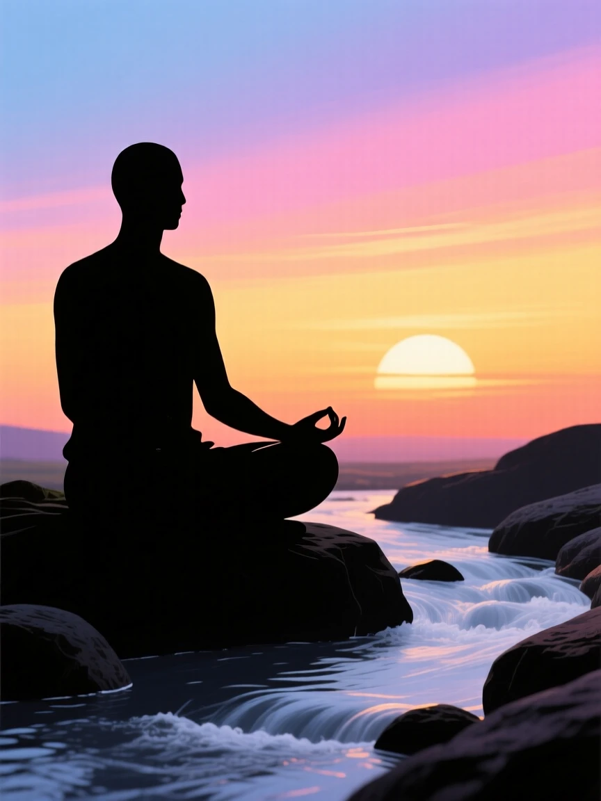 A person meditating beside a gently flowing stream at sunrise.