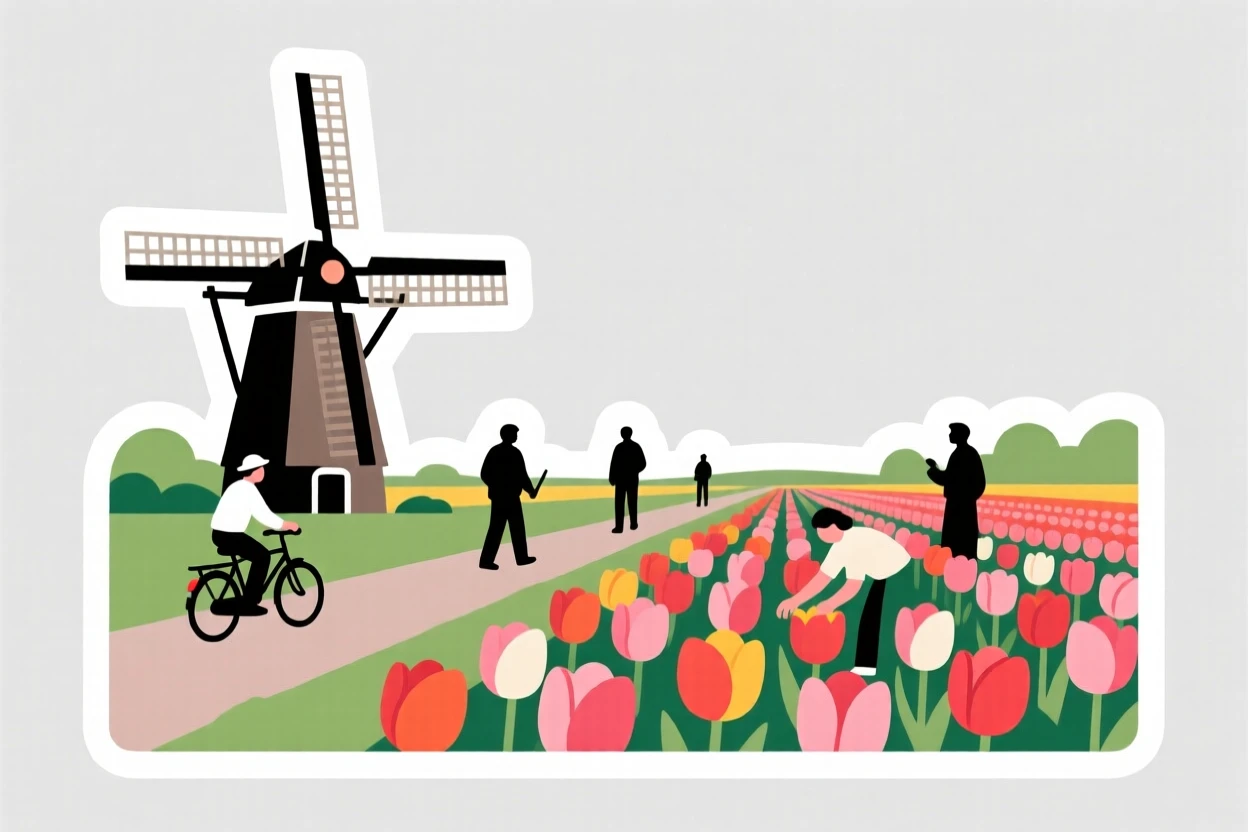 A postcard-perfect Dutch windmill beside a tulip field, with locals going about their day, during the region's most beautiful season.