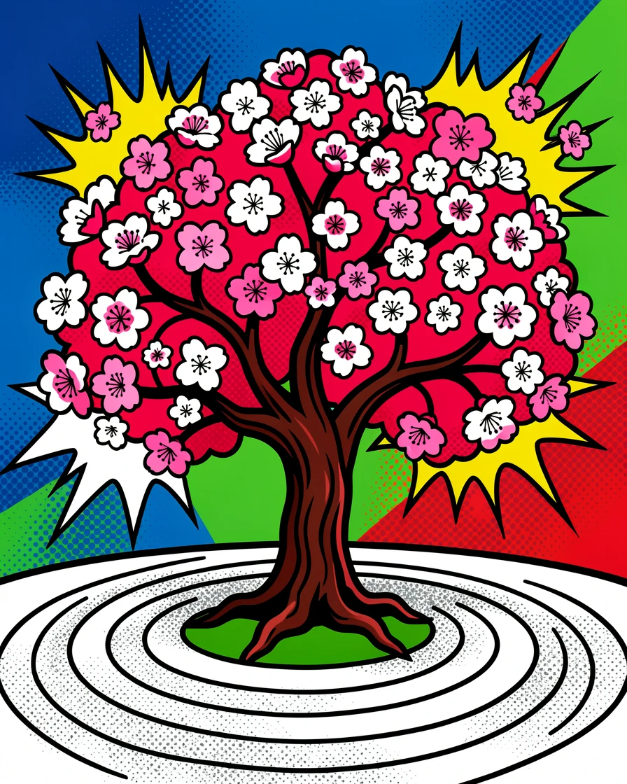 A Japanese zen garden with a single blooming cherry tree