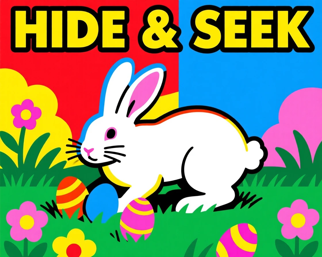 Easter bunny hiding eggs in a garden