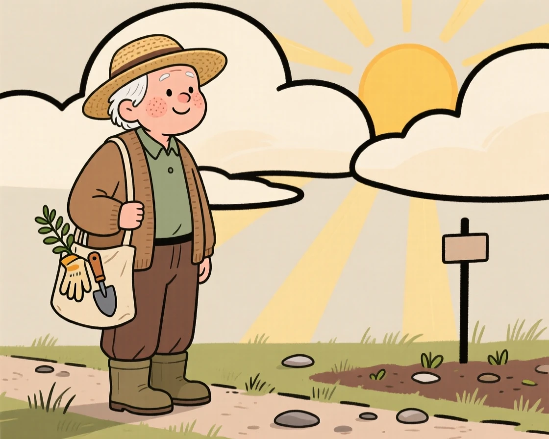 A elderly gardener pauses mid-commute to watch the sun breaking through the clouds, a small smile crossing their face at the simple beauty of it.