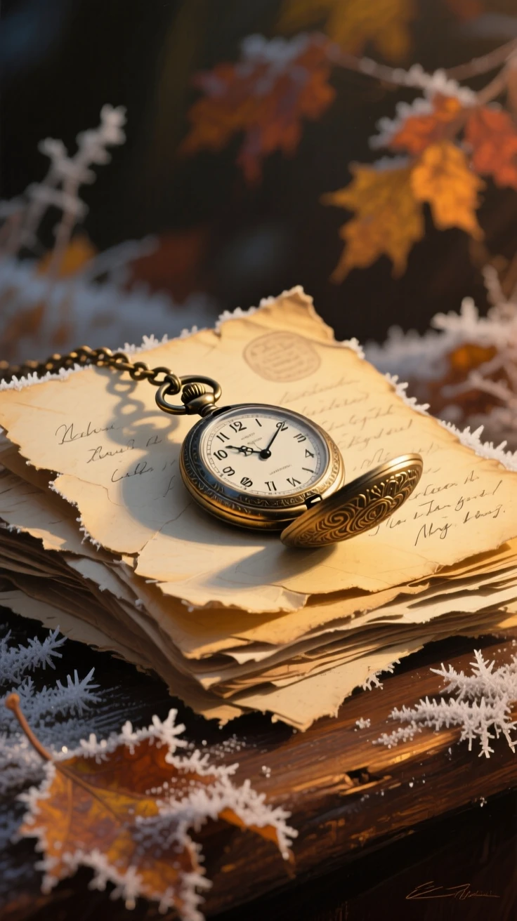 A balanced composition of an antique pocket watch resting on a stack of old letters, at twilight, during the first frost of autumn.