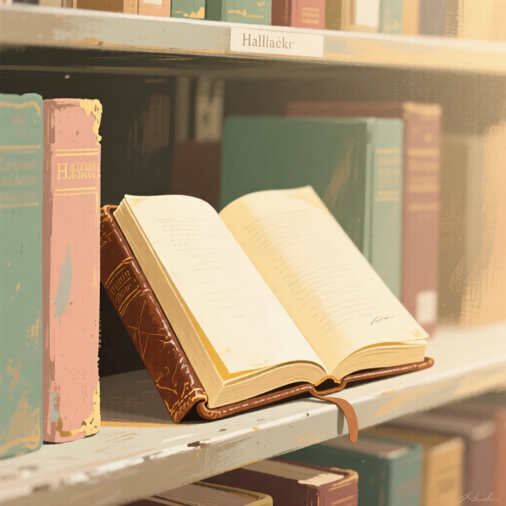A weathered leather-bound book open on a dusty library shelf