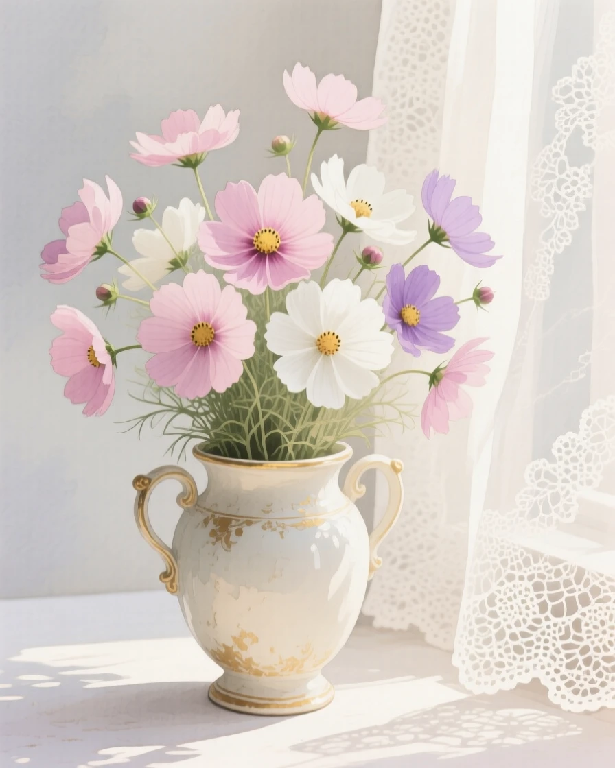 A bouquet of cosmos flowers in soft, layered tones fills an antique porcelain urn beside a lace curtain, petals catching the gentle light