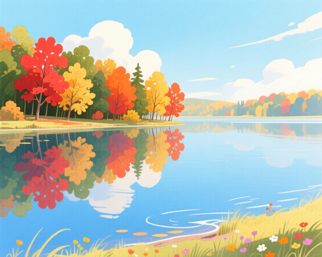 A quiet lake reflecting autumn foliage, peaceful and vast, in the height of summer.