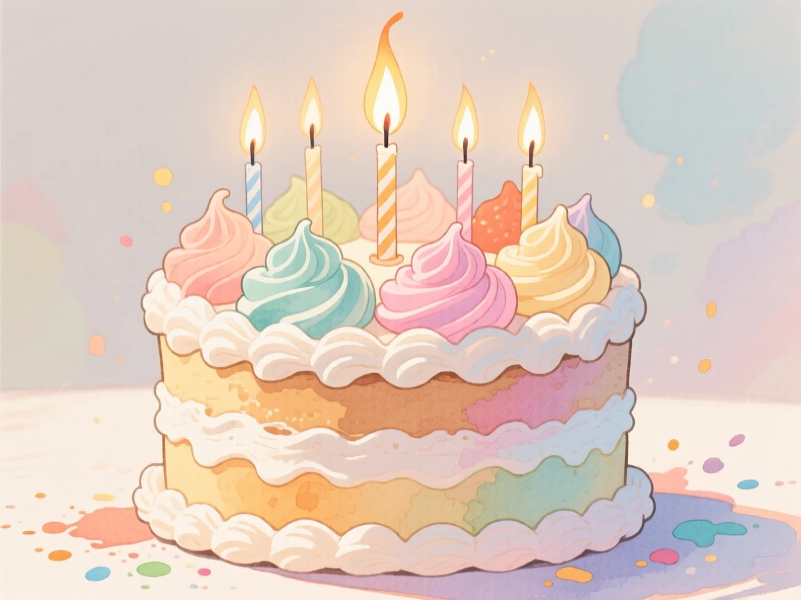 A birthday cake covered in swirls of buttercream and lit candles, radiating delicious coziness.