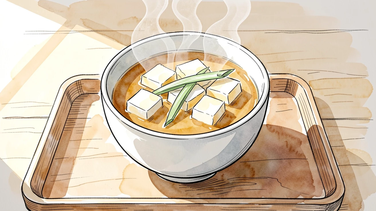 A steaming bowl of miso soup with tofu and scallions on a wooden tray, sunlight streaming across the table, highlighting every texture.
