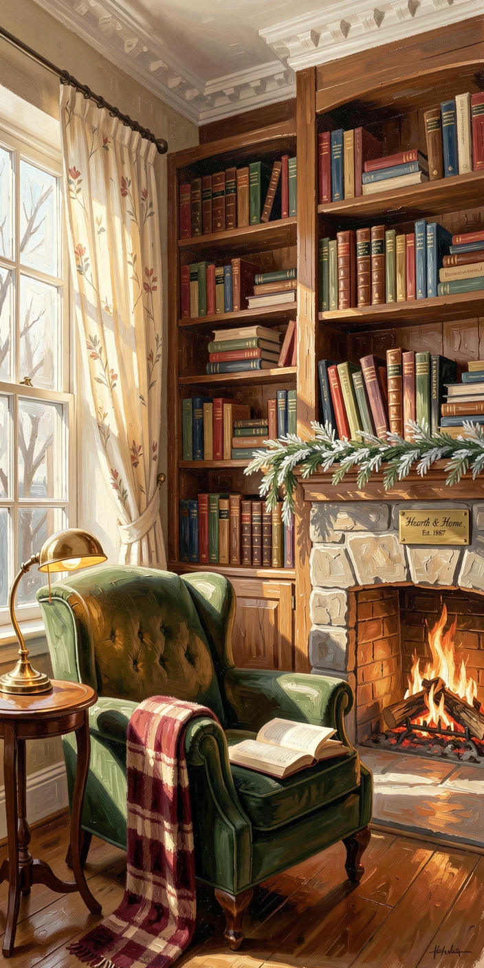 A sunlit reading nook filled with stacked books, beside tall bookshelves reaching to the ceiling, a fire crackling softly in the background, during a cozy winter evening.