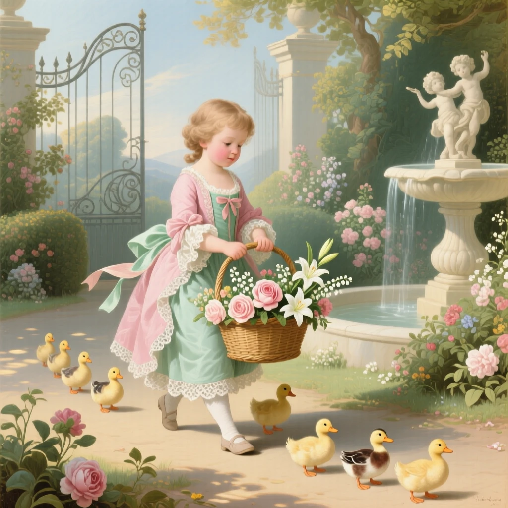 A child carrying a basket while following a procession of ducklings  