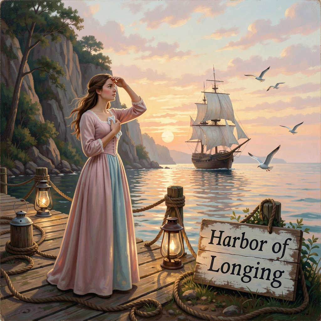 A young woman waits at the harbor for her beloved's ship to return.