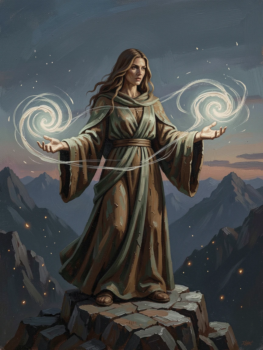 A powerful sorceress conjuring swirling light atop a mountain peak, as glowing magical elements illuminate the surrounding darkness, evoking wonder, mystery, and epic storytelling