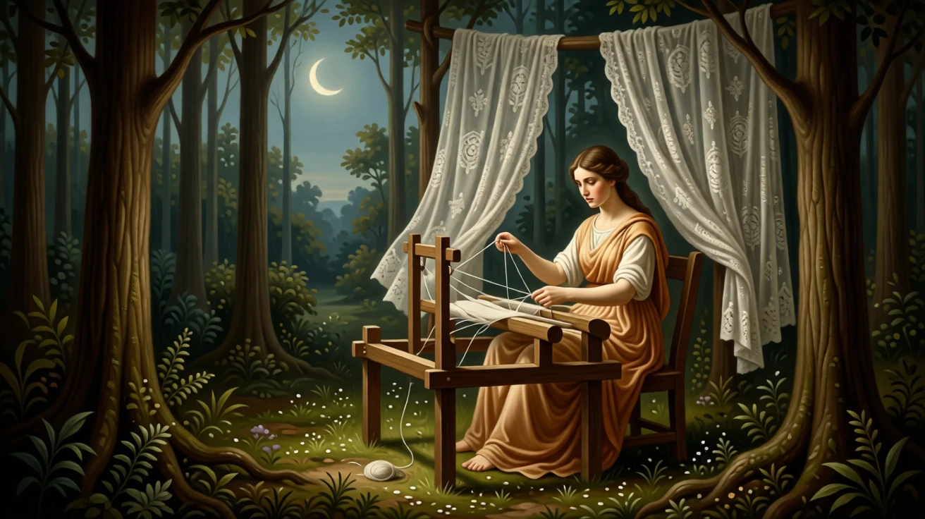 Odysseus's faithful wife Penelope unraveling her weaving by night in a scene familiar yet freshly reimagined, set within an enchanted forest clearing bathed in soft light, with a crescent moon rising behind delicate lace curtains; soft vignetting draws focus to the storyteller at the scene's heart, filled with romance, imagination, and quiet drama.