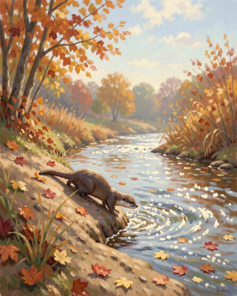 A river otter sliding down a muddy bank into a sparkling stream on a sunny afternoon, as autumn leaves begin to fall, evoking a sense of peace and quiet wonder.