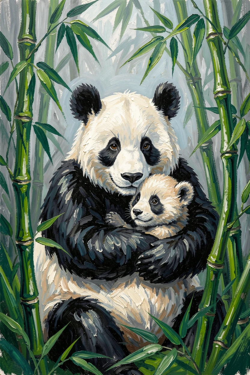 A mother panda cradling her cub among bamboo stalks in a misty forest.