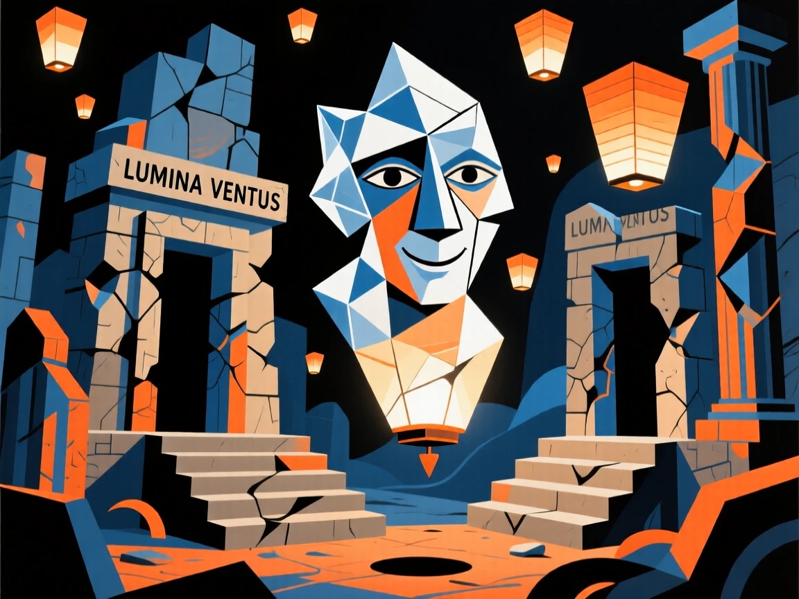A magical scene of a floating lantern festival spirit within the ruins of a forgotten temple.