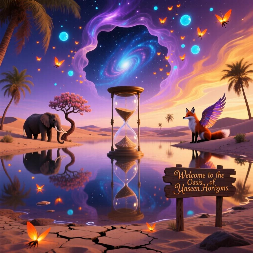 A desert oasis where the water reflects a completely different sky stretches endlessly beneath a sky of shifting colors, as fireflies drift like scattered stars through the air.