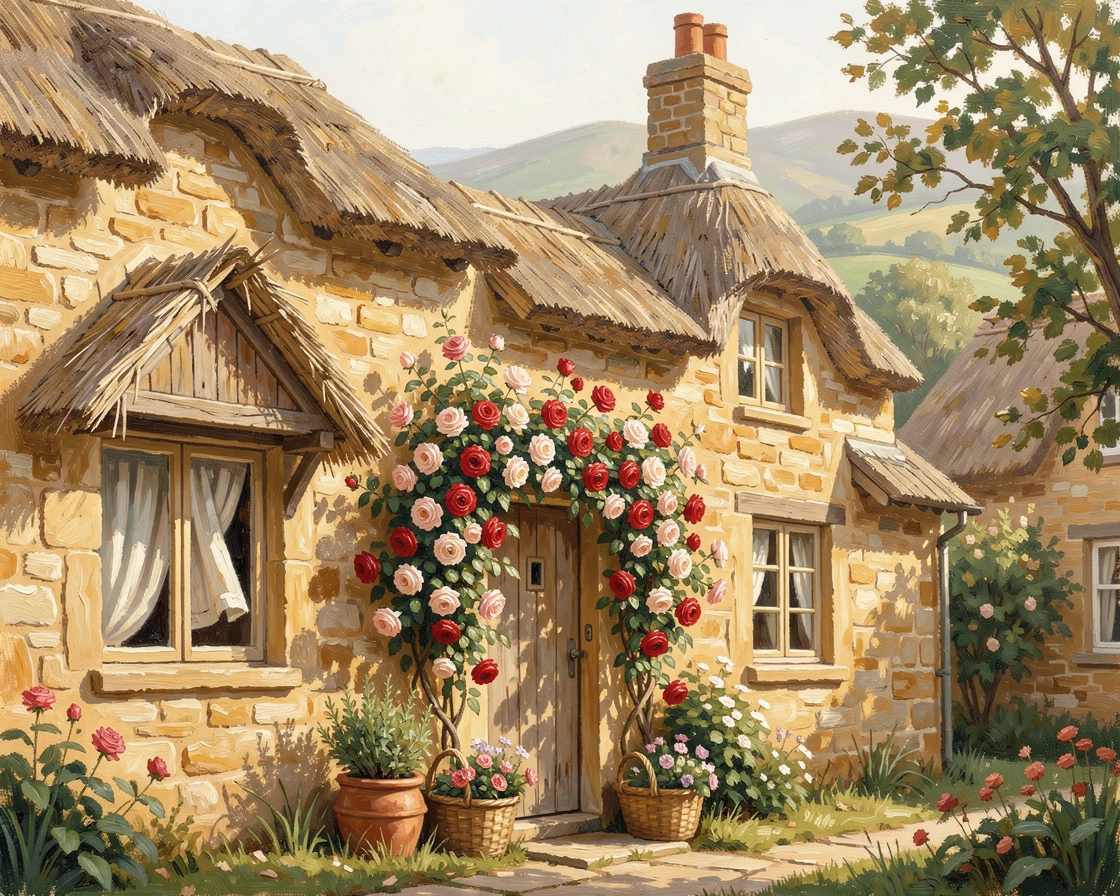 A charming village in the Cotswolds shows honey-colored stone cottages with thatched roofs, roses climbing around a weathered wooden door, the atmosphere feeling both timeless and quietly alive with the rhythms of daily life.