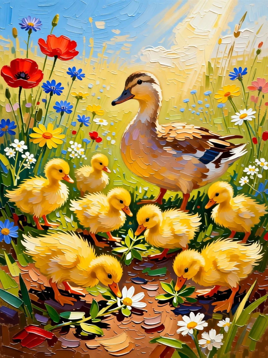A heartwarming photo of a duckling family exploring a patch of wildflowers for the first time