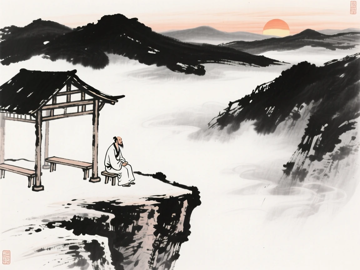 A traveler rests at a roadside pavilion overlooking a misty valley, as the sun begins to set behind the far ridgeline.