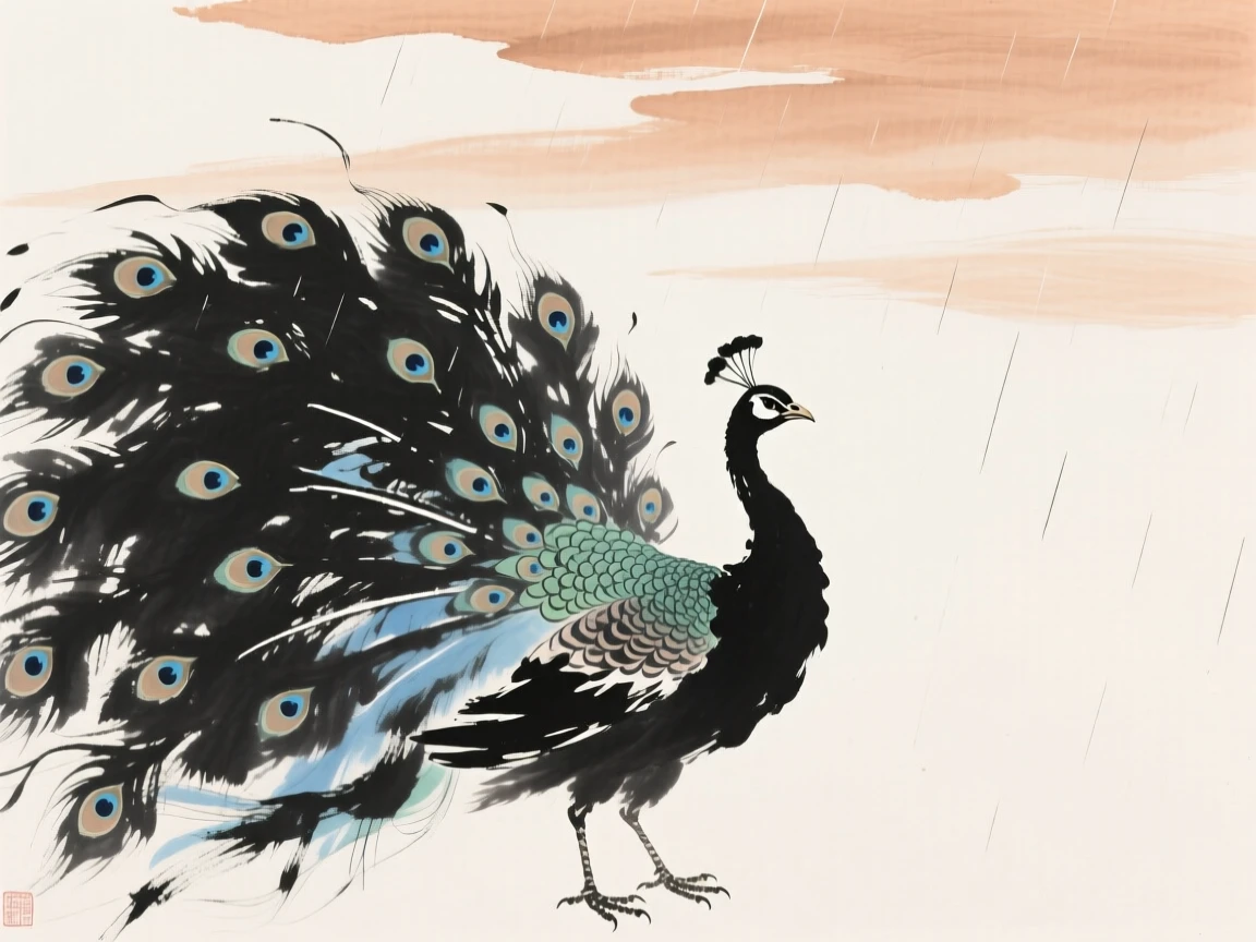 A proud peacock displaying its full tail of iridescent feathers, beneath a sky washed clean by rain.