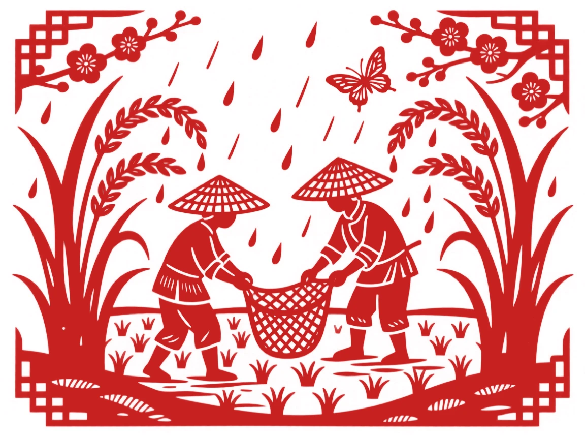 A spring rain falling gently over a rice paddy, farmers working beneath wide bamboo hats